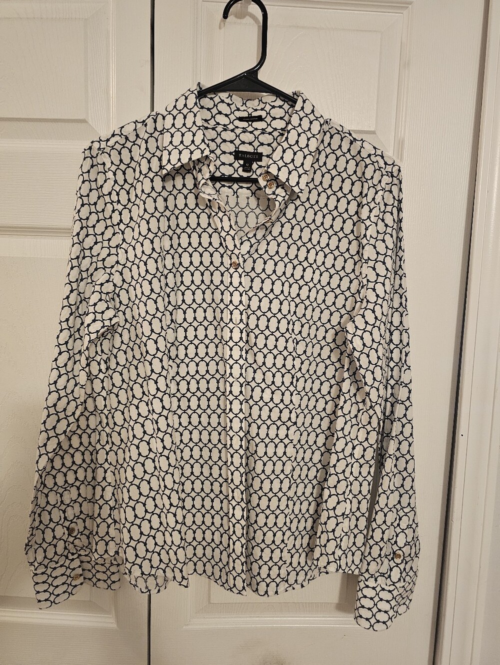 Talbots Wrinkle Resisant White And Navy Blouse Sz 12